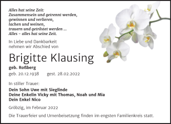 Traueranzeige von Brigitte Klausing von Trauerkombi Köthen