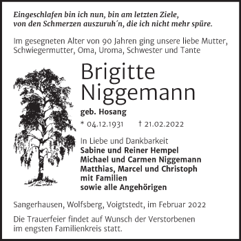 Traueranzeige von Brigitte Niggemann von Trauerkombi Sangerhausen