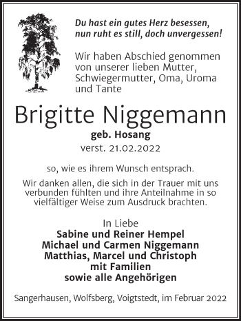 Traueranzeige von Brigitte Niggemann von Trauerkombi Sangerhausen