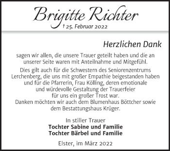 Traueranzeige von Brigitte Richter von Mitteldeutsche Zeitung