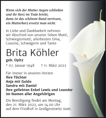 Traueranzeige von Brita Köhler von Naumburger Tageblatt