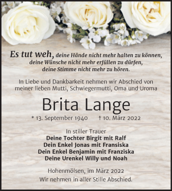 Traueranzeige von Brita Lange von Trauerkombi Weißenfels