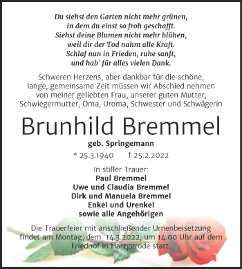 Traueranzeige von Brunhild Bremmel von Trauerkombi Quedlinburg