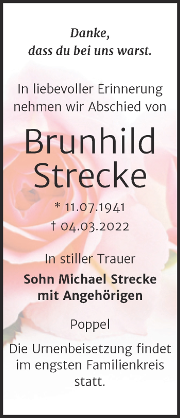 Traueranzeige von Brunhild Strecke von Wochenspiegel Naumburg/Nebra