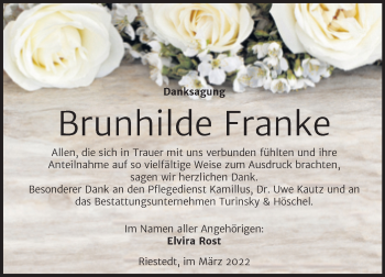 Traueranzeige von Brunhilde Franke von Trauerkombi Sangerhausen