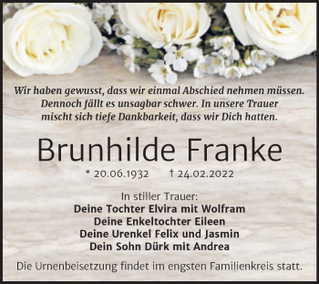 Traueranzeige von Brunhilde Franke von Trauerkombi Sangerhausen