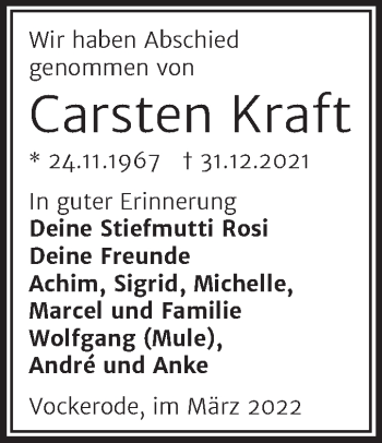 Traueranzeige von Carsten Kraft von Trauerkombi Wittenberg