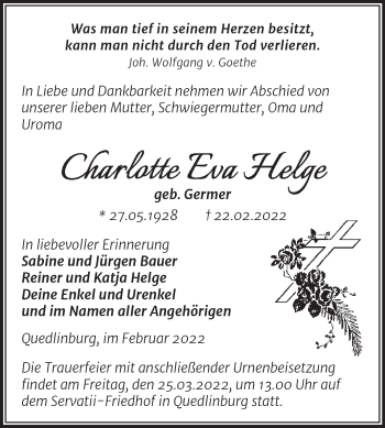 Traueranzeige von Charlotte Eva Helge von Trauerkombi Quedlinburg