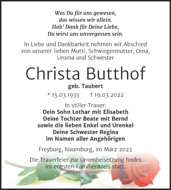 Traueranzeige von Christa Butthof von Wochenspiegel Naumburg/Nebra