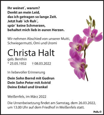 Traueranzeige von Christa Halt von Trauerkombi Weißenfels