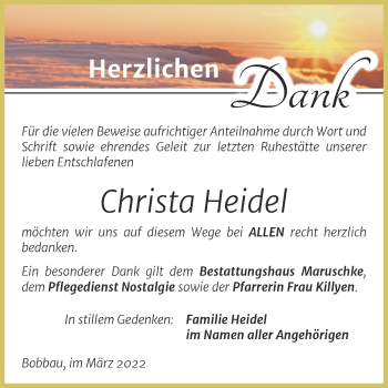 Traueranzeige von Christa Heidel von Trauerkombi Bitterfeld