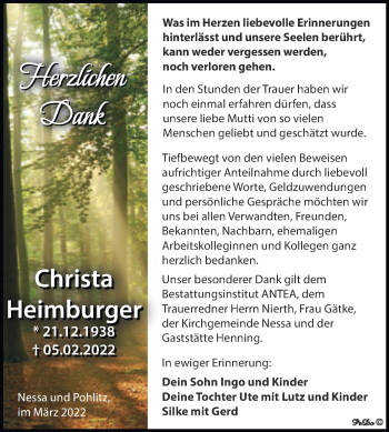 Traueranzeige von Christa Heimburger von Trauerkombi Weißenfels