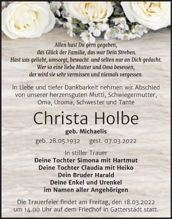 Traueranzeige von Christa Holbe von Trauerkombi Merseburg