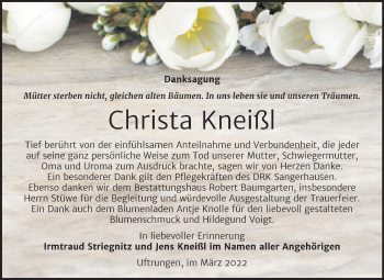 Traueranzeige von Christa Kneißl von Trauerkombi Sangerhausen