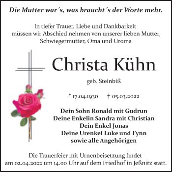 Traueranzeige von Christa Kühn von Trauerkombi Bitterfeld