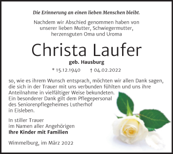 Traueranzeige von Christa Laufer von Trauerkombi Mansfelder Land