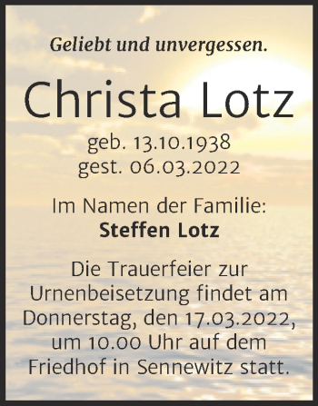 Traueranzeige von Christa Lotz von Mitteldeutsche Zeitung Halle/Saalkreis