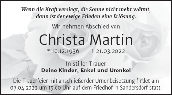 Traueranzeige von Christa Martin von Trauerkombi Bitterfeld