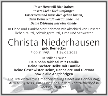 Traueranzeige von Christa Niederhausen von Trauerkombi Merseburg