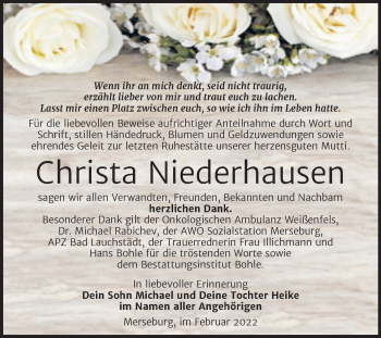 Traueranzeige von Christa Niederhausen von Trauerkombi Merseburg