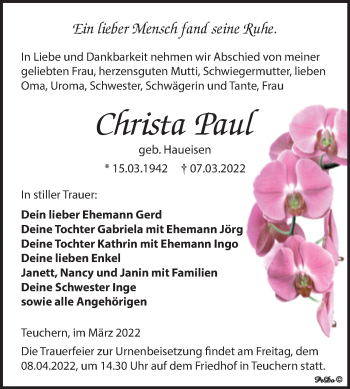 Traueranzeige von Christa Paul von Trauerkombi Weißenfels