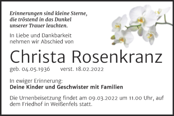 Traueranzeige von Christa Rosenkranz von Trauerkombi Weißenfels