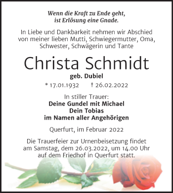 Traueranzeige von Christa Schmidt von Trauerkombi Merseburg
