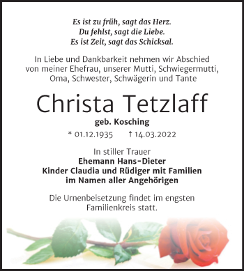 Traueranzeige von Christa Tetzlaff von Trauerkombi Bernburg