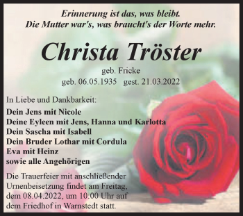 Traueranzeige von Christa Tröster von Trauerkombi Quedlinburg