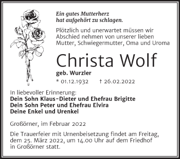 Traueranzeige von Christa Wolf von Trauerkombi Mansfelder Land