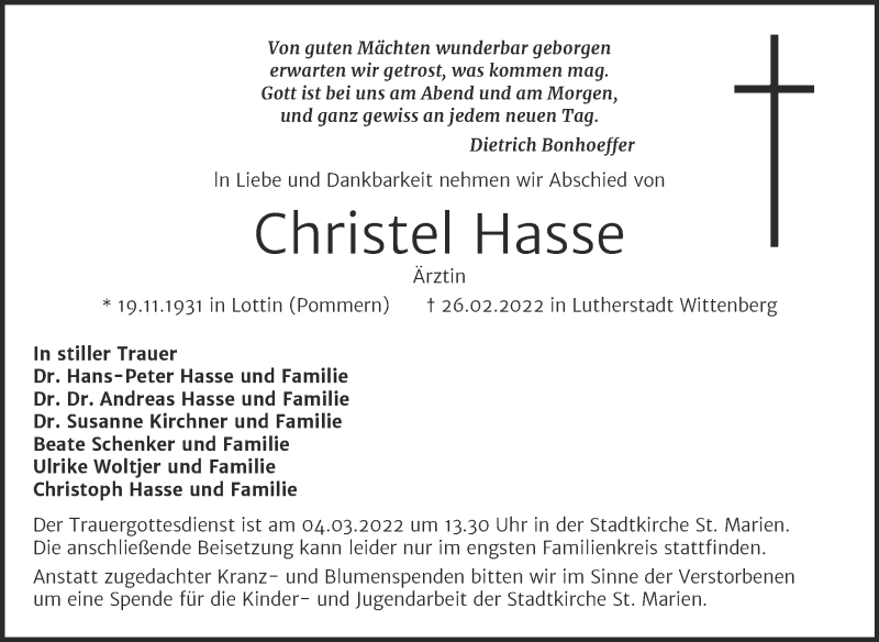  Traueranzeige für Christel Hasse vom 02.03.2022 aus Mitteldeutsche Zeitung