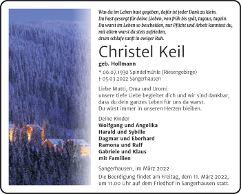 Traueranzeige von Christel Keil von Mitteldeutsche Zeitung Sangerhausen