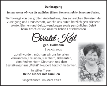 Traueranzeige von Christel Keil von Trauerkombi Sangerhausen