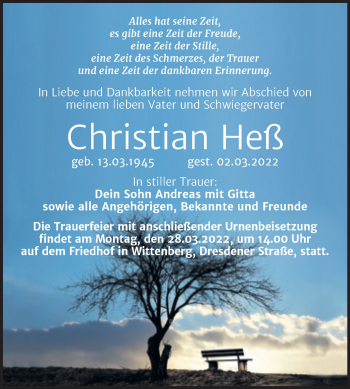 Traueranzeige von Christian Heß von Trauerkombi Wittenberg