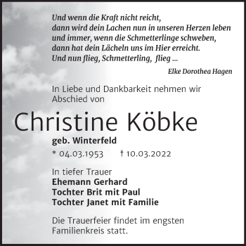 Traueranzeige von Christine Köbke von Trauerkombi Bernburg