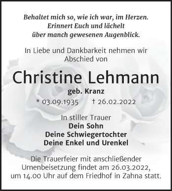 Traueranzeige von Christine Lehmann von Trauerkombi Wittenberg