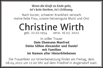 Traueranzeige von Christine Wirth von Mitteldeutsche Zeitung Halle/Saalkreis
