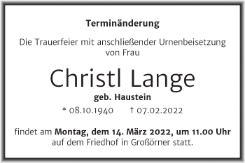 Traueranzeige von Christl Lange von Trauerkombi Mansfelder Land