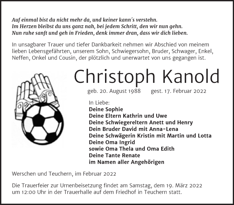  Traueranzeige für Christoph Kanold vom 09.03.2022 aus Trauerkombi Weißenfels