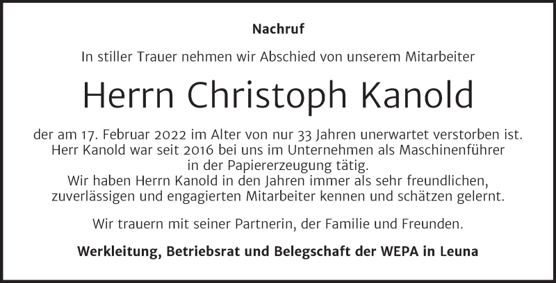  Traueranzeige für Christoph Kanold vom 16.03.2022 aus Wochenspiegel Weißenfels