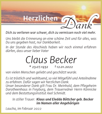 Traueranzeige von Claus Becker von Wochenspiegel Naumburg/Nebra
