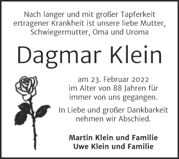 Traueranzeige von Dagmar Klein von Trauerkombi Mansfelder Land