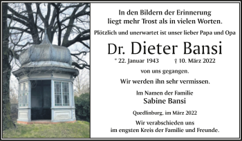 Traueranzeige von Dieter Bansi von Trauerkombi Quedlinburg