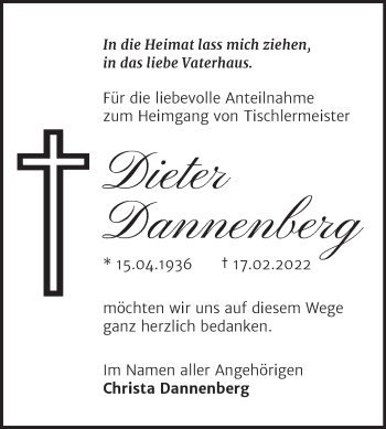 Traueranzeige von Dieter Dannenberg von Super Sonntag Wittenberg