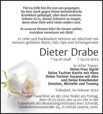 Traueranzeige von Dieter Drabe von Wochenspiegel Naumburg/Nebra