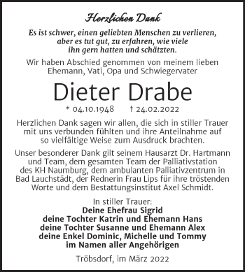 Traueranzeige von Dieter Drabe von Wochenspiegel Naumburg/Nebra