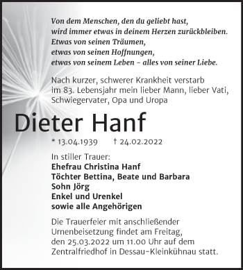 Traueranzeige von Dieter Hanf von Trauerkombi Dessau
