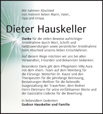 Traueranzeige von Dieter Hauskeller von Trauerkombi Sangerhausen