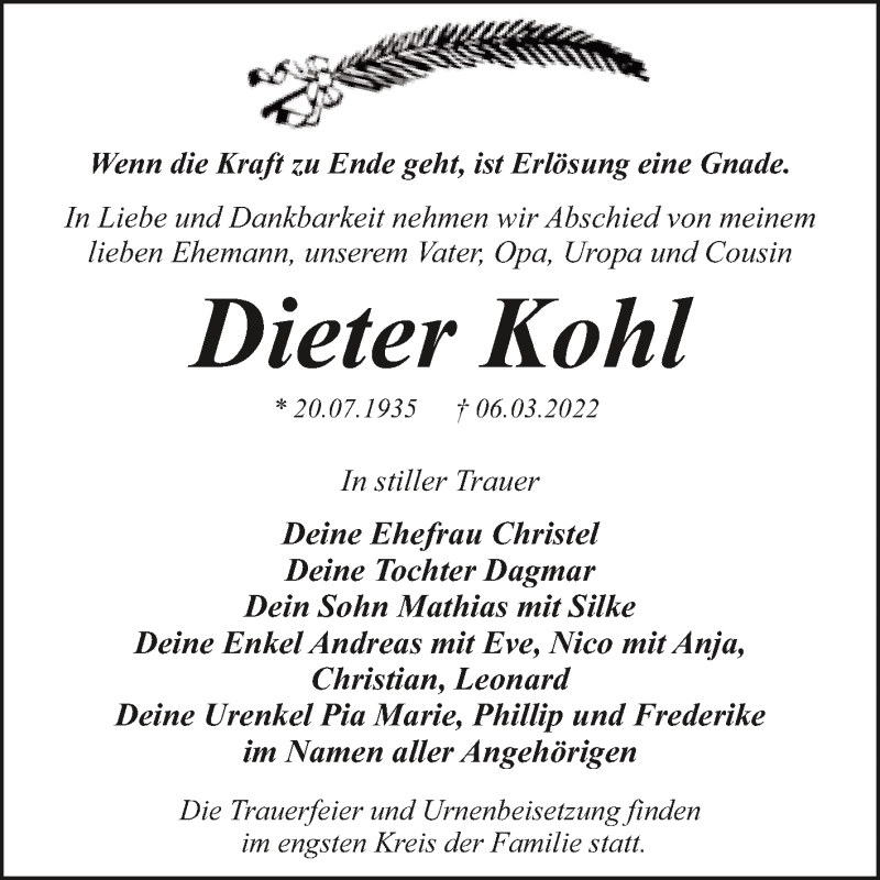  Traueranzeige für Dieter Kohl vom 19.03.2022 aus Trauerkombi Dessau