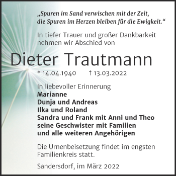Traueranzeige von Dieter Trautmann von Trauerkombi Bitterfeld